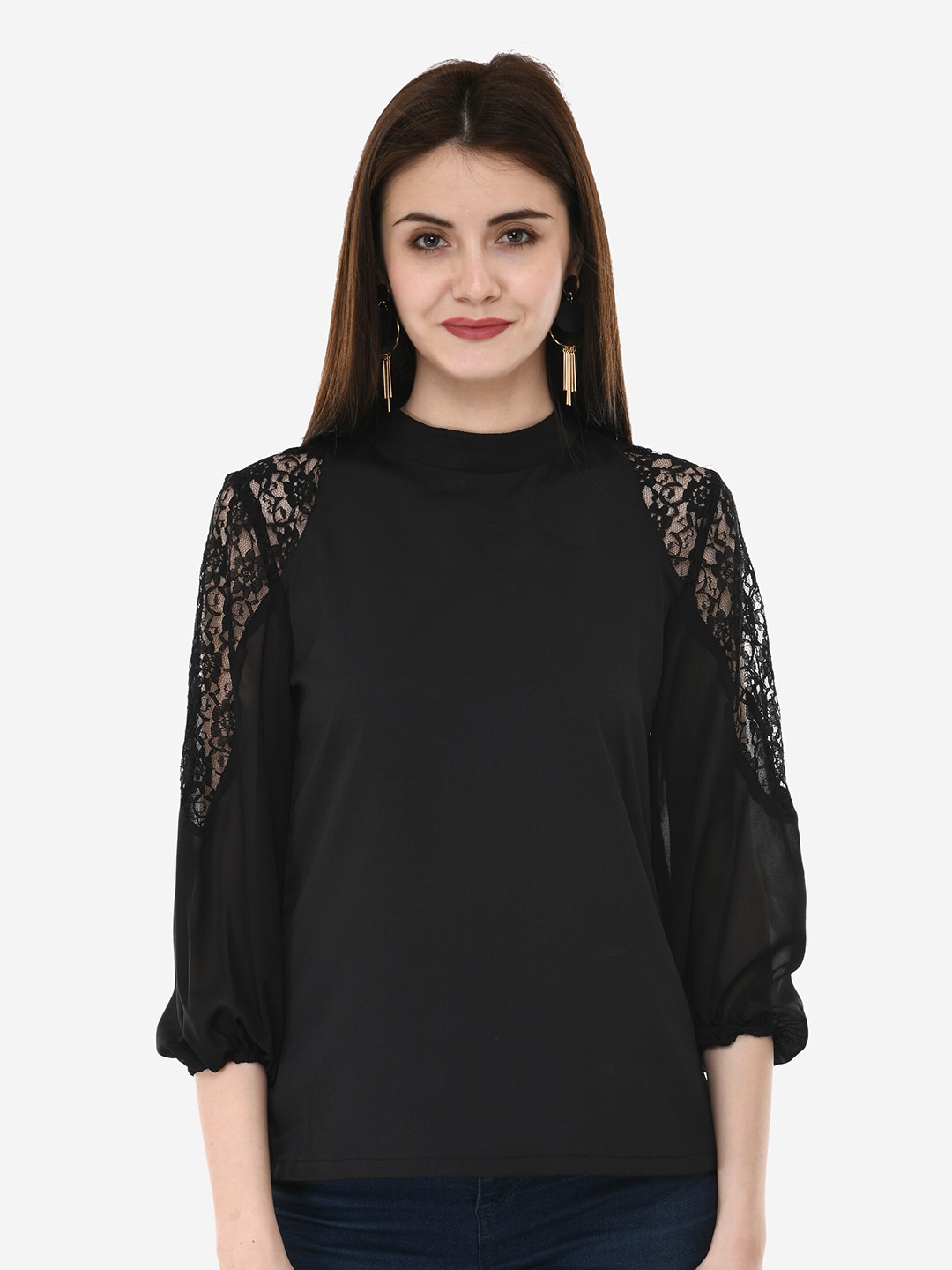 

V&M High Neck Puff Sleeves Crepe Lace Top, Black