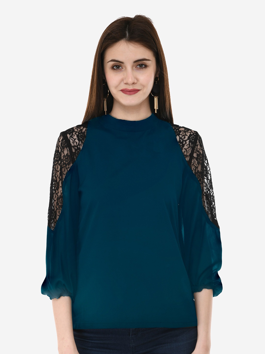 

V&M High Neck Puff Sleeves Crepe Lace Top, Teal