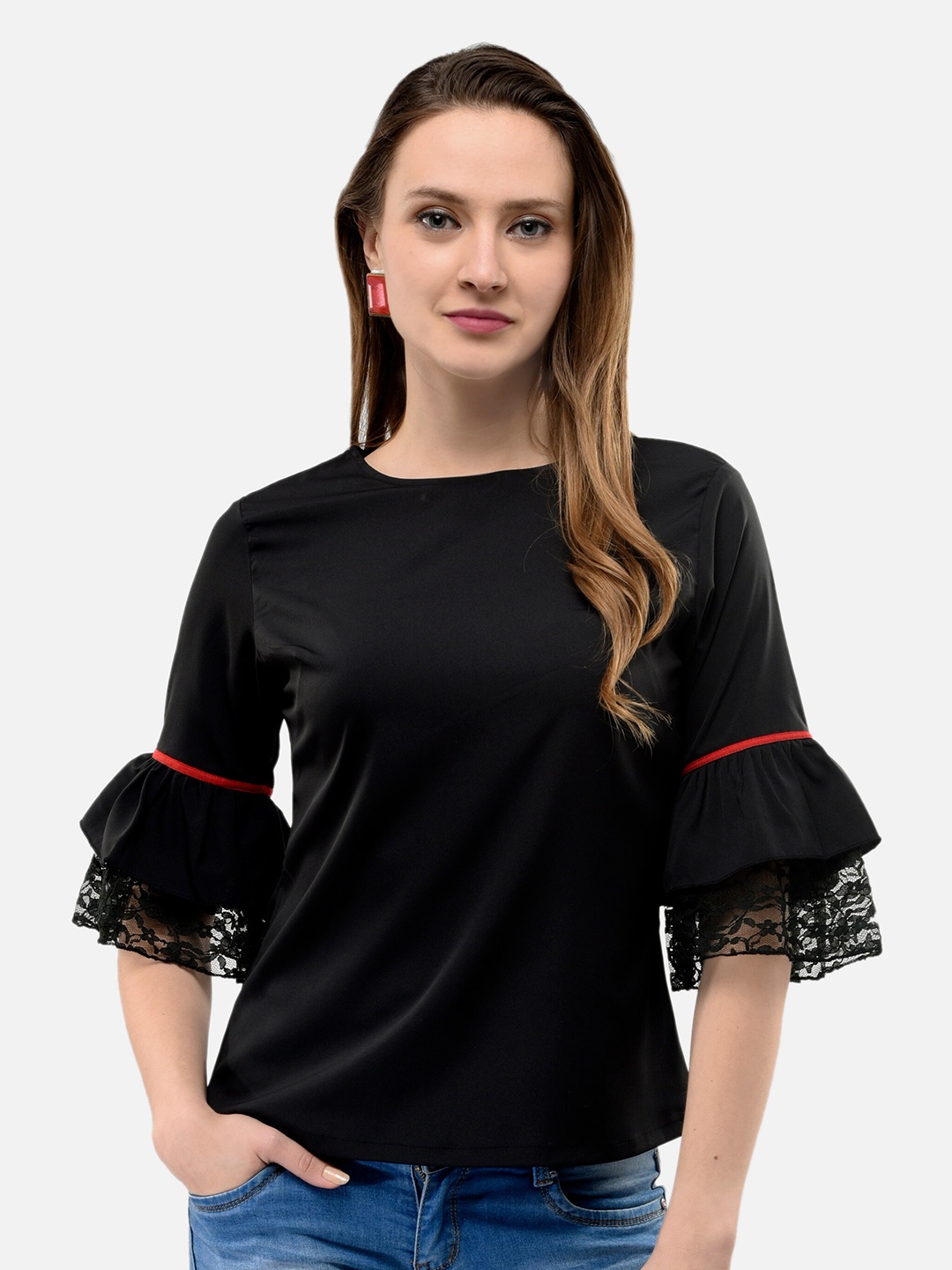 

V&M Round Neck Bell Sleeves Crepe Top, Black