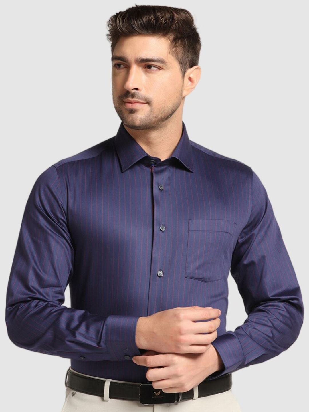 

Blackberrys India Slim Fit Striped Spread Collar Long Sleeves Formal Shirt, Navy blue
