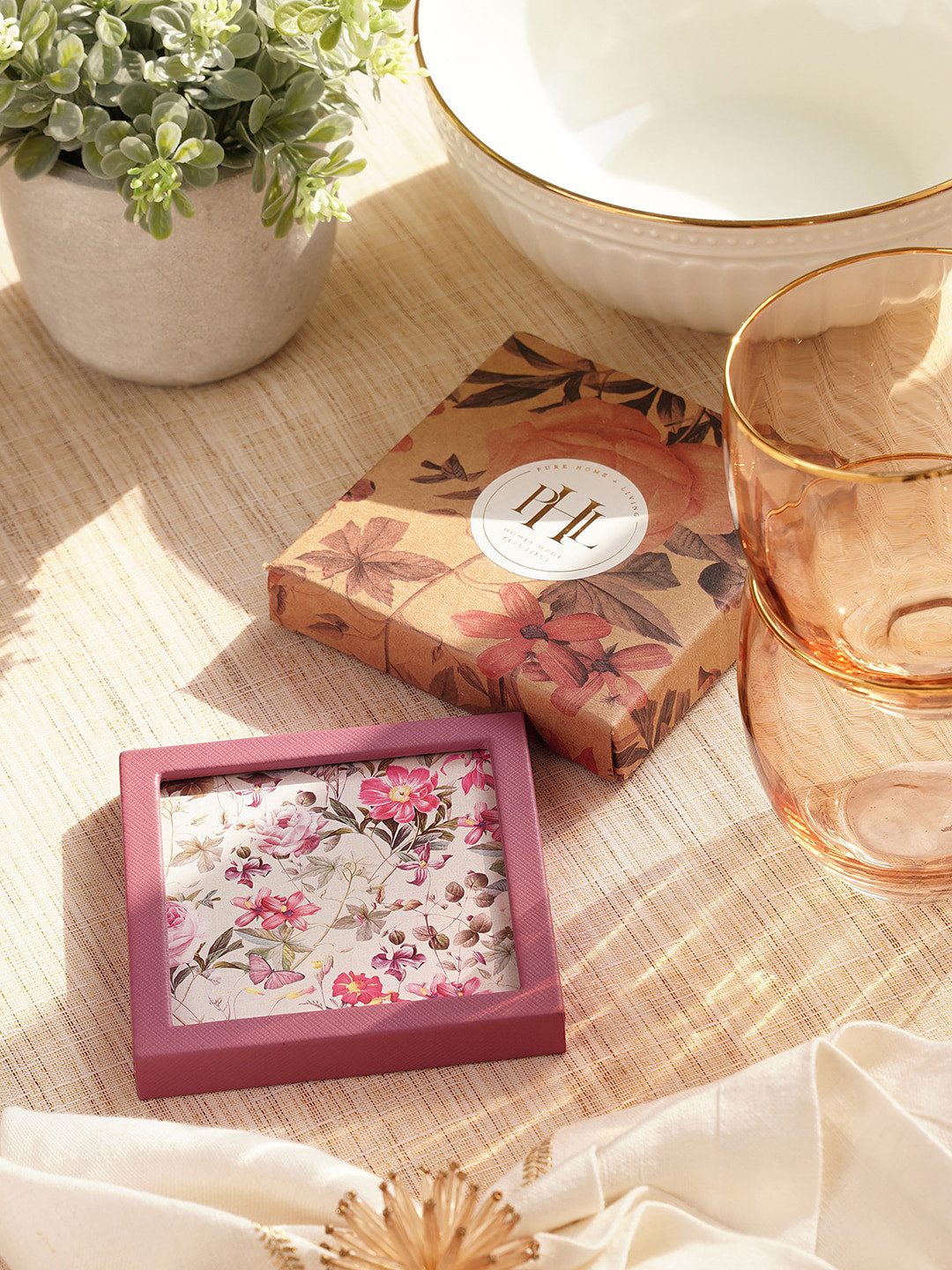 

Pure Home and Living Pink Floral Printed Faux Leather Coaster