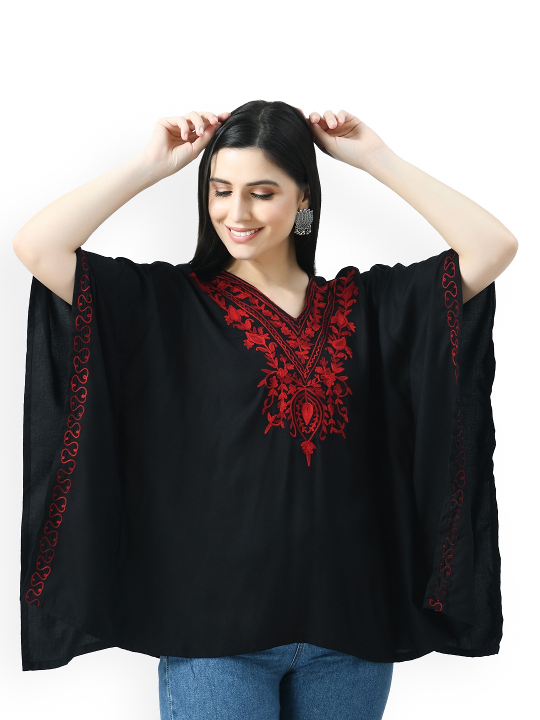 

QAZMI Aari Embroidered Kaftan Kurtis, Black