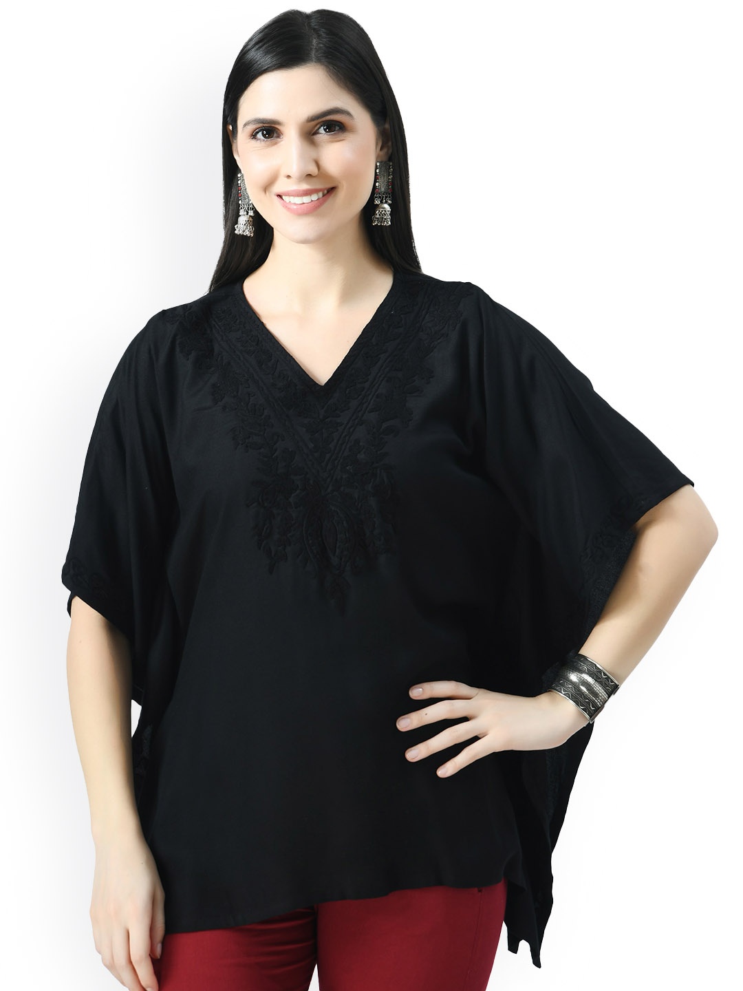

QAZMI Women Embroidered Chikankari Kaftan Kurta, Black