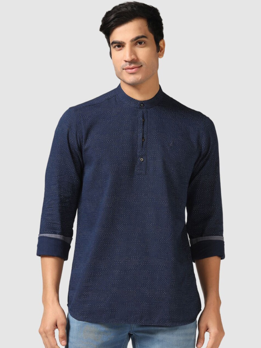 

Blackberrys India Slim Fit Micro Ditsy Printed Mandarin Collar Cotton Casual Shirt, Blue