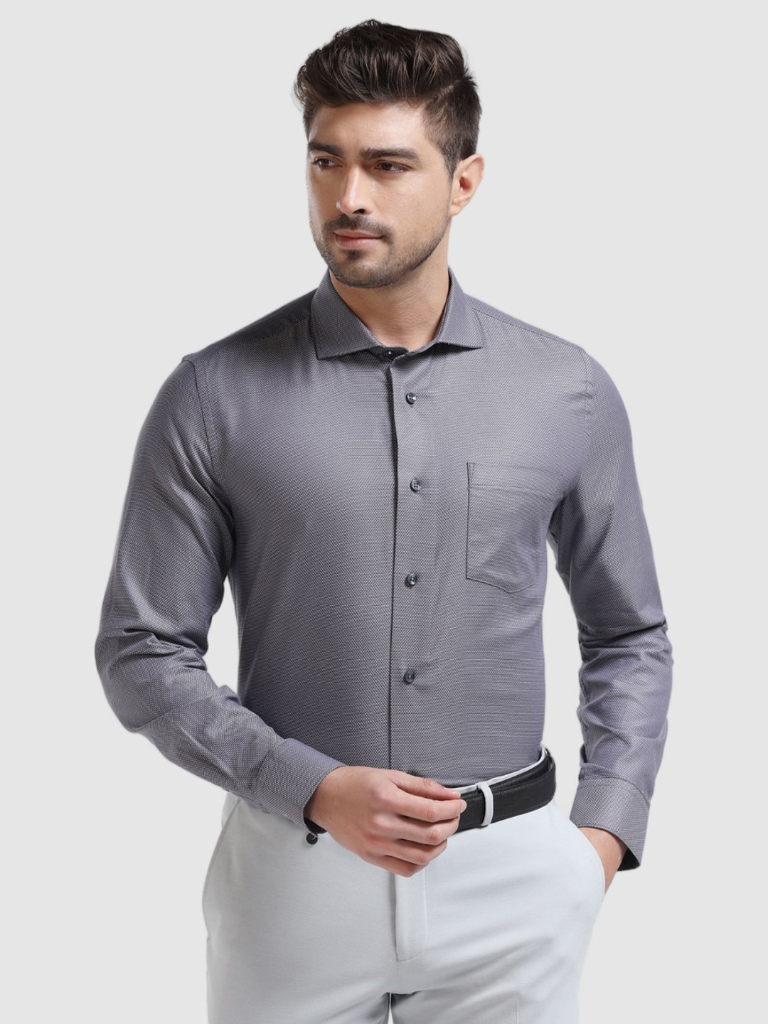 

Blackberrys India Slim Fit Textured Self Design Cutaway Collar Cotton Formal Shirt, Grey