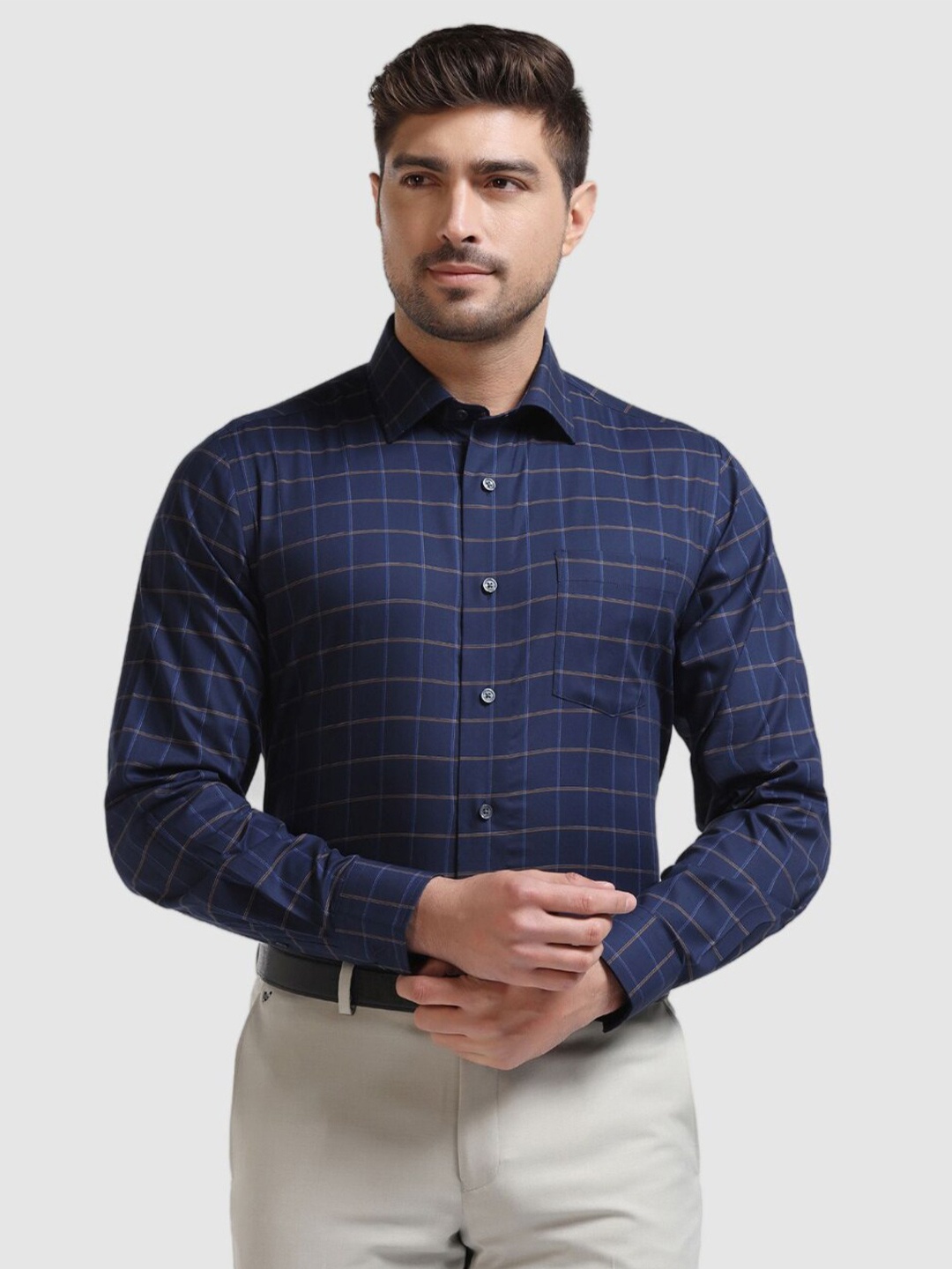 

Blackberrys India Slim Grid Tattersall Checks Cotton Formal Shirt, Navy blue