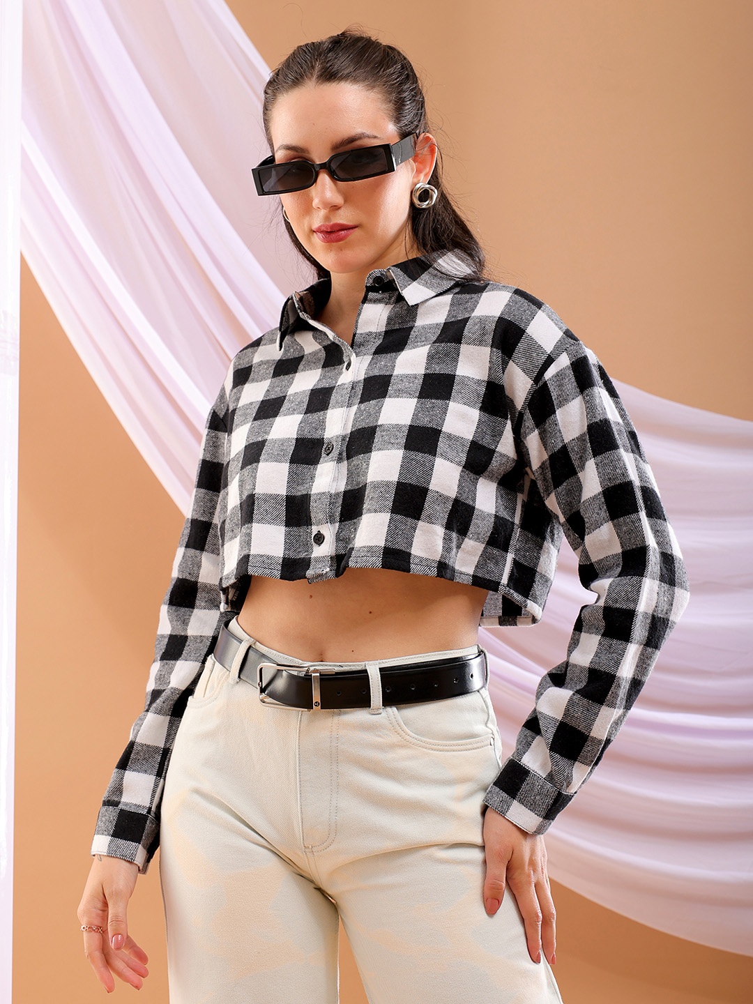 

Freehand by The Indian Garage Co Buffalo Checks Spread Collar Cotton Boxy Crop Shirt, White