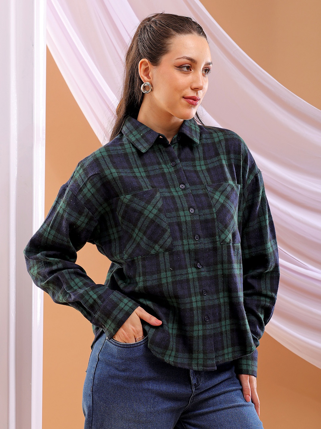 

Freehand by The Indian Garage Co Tartan Checks Spread Collar Cotton Casual Shirt, Blue