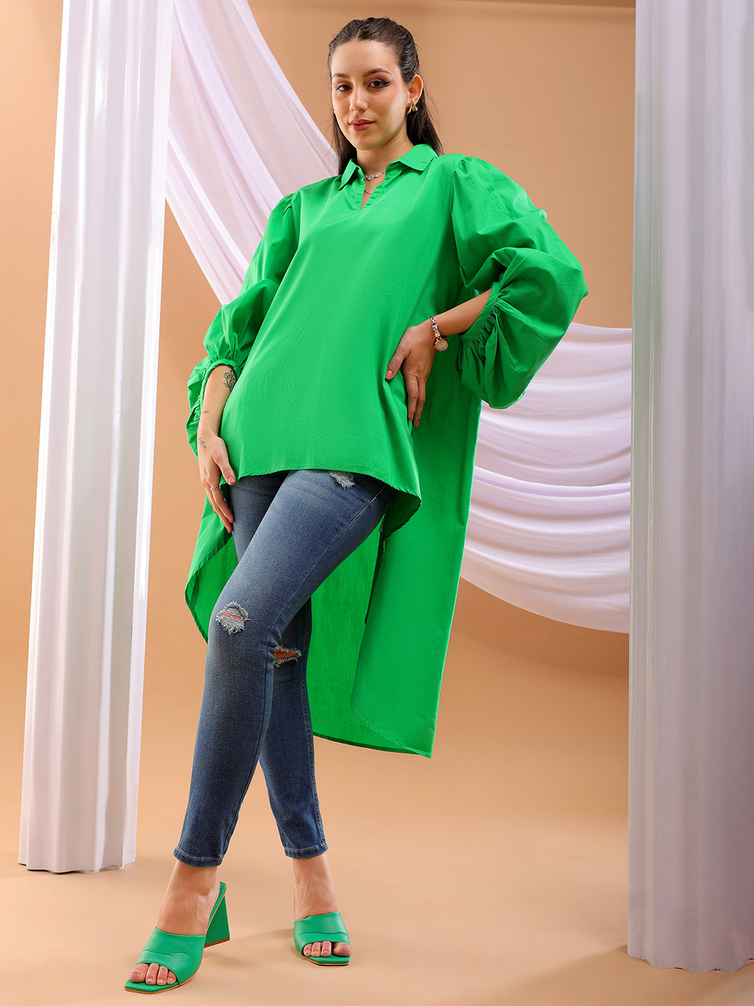 

Freehand by The Indian Garage Co Spread Collar Oversized High-Low Cotton Casual Shirt, Green