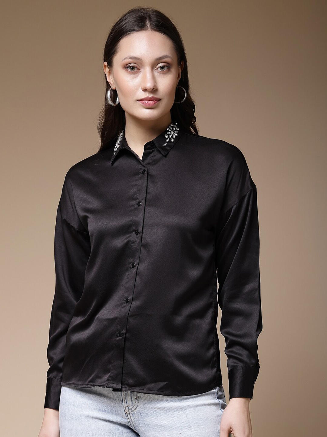 

Freehand by The Indian Garage Co Women Spread Collar Opaque Regular Fit Shirts, Black