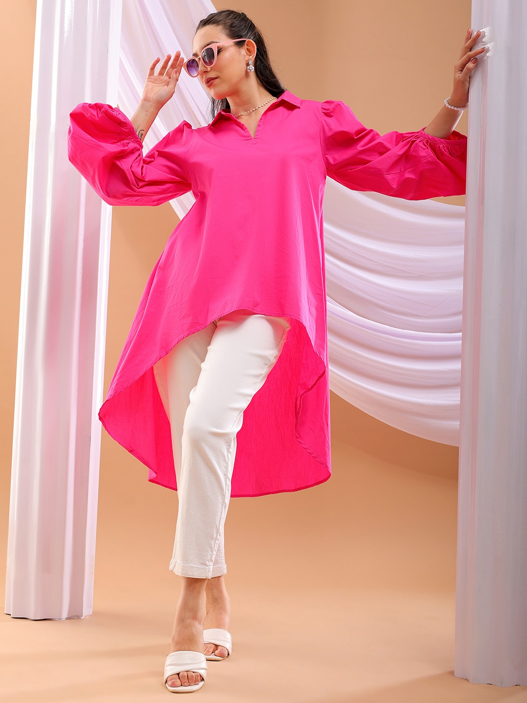 

Freehand by The Indian Garage Co Spread Collar Oversized High-Low Cotton Casual Shirt, Pink