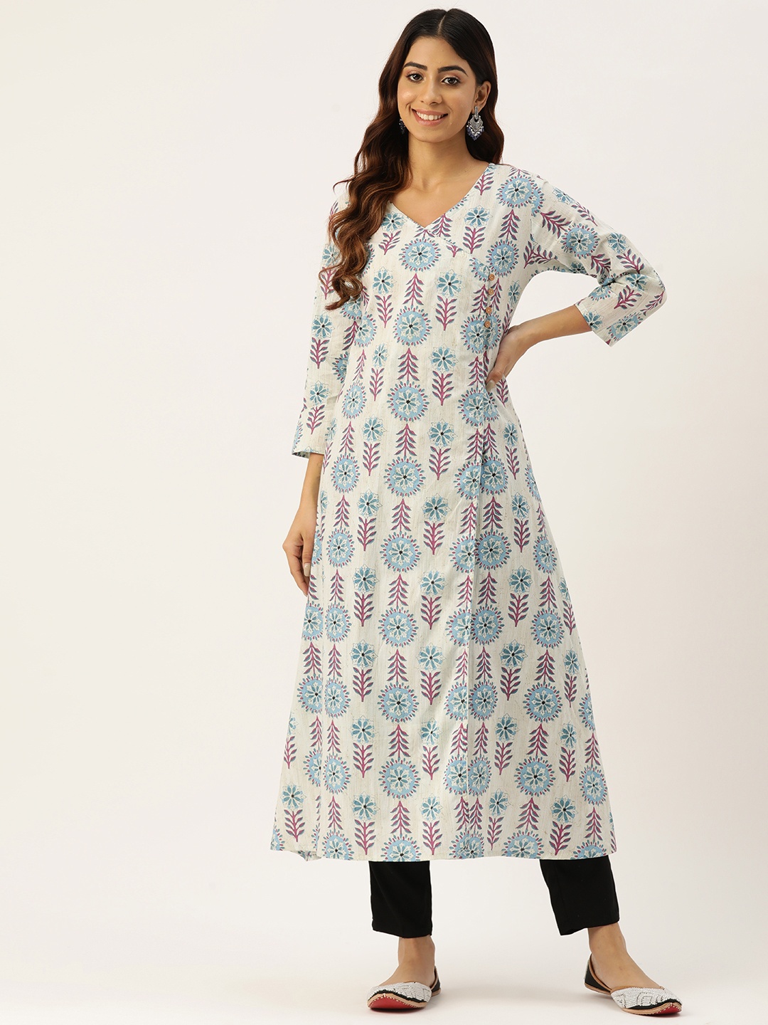 

FERANOID Floral Printed Angrakha Pure Cotton Kurta, White