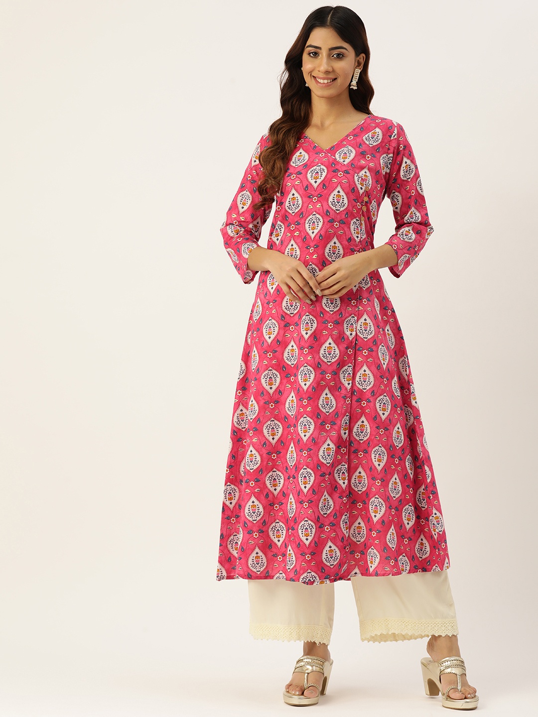 

FERANOID Ethnic Motifs Printed Angrakha Pure Cotton Kurta, Pink