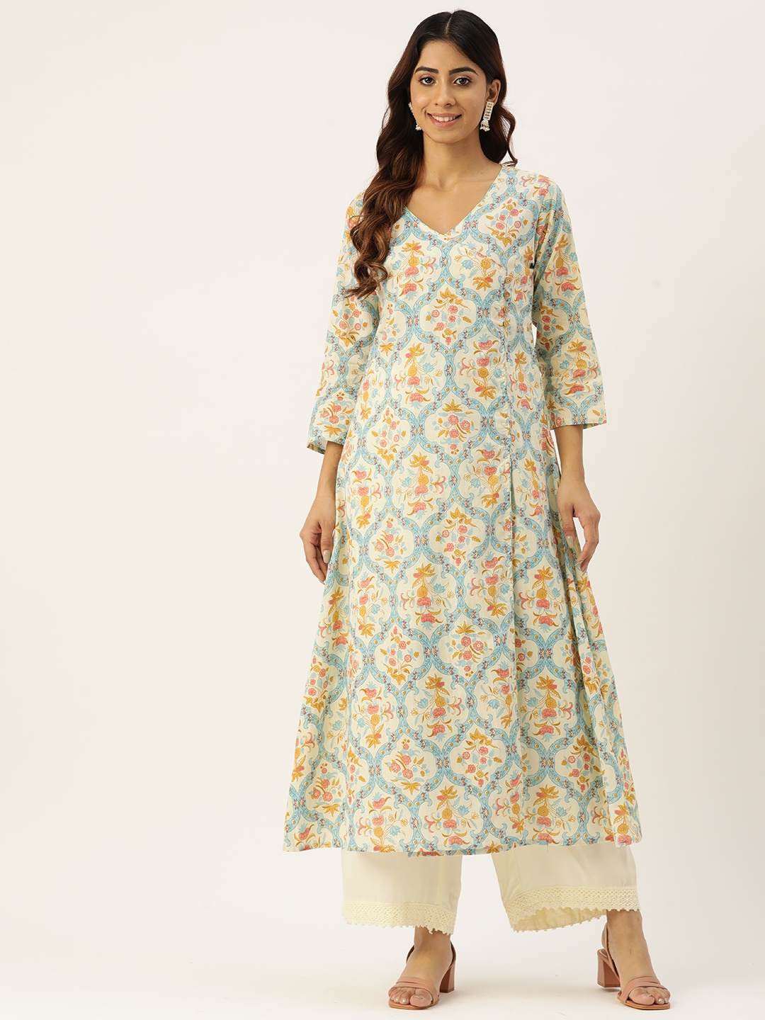 

FERANOID Floral Printed Angrakha Pure Cotton Kurta, Yellow