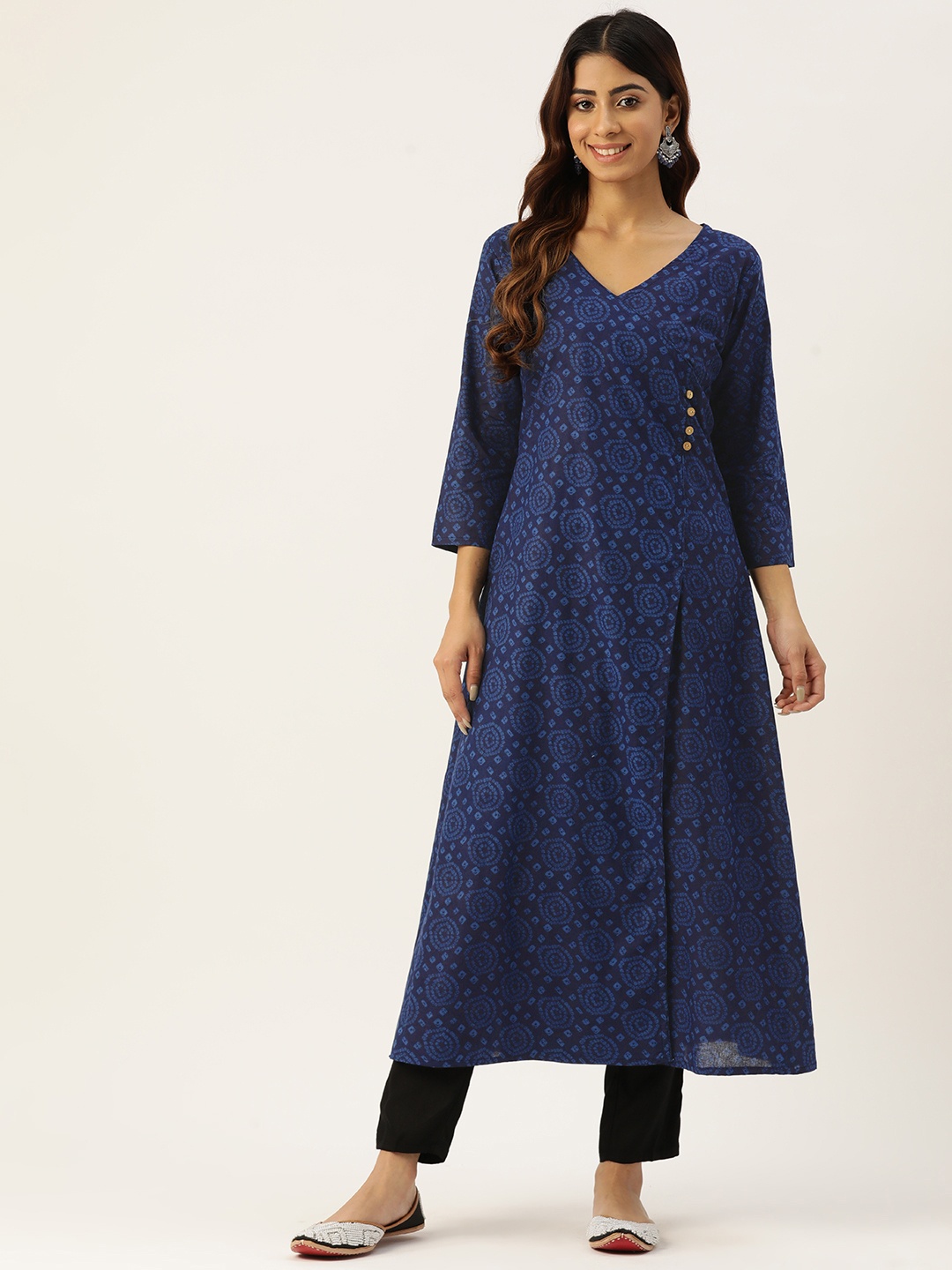 

FERANOID Bandhani Printed Angrakha Pure Cotton Kurta, Navy blue