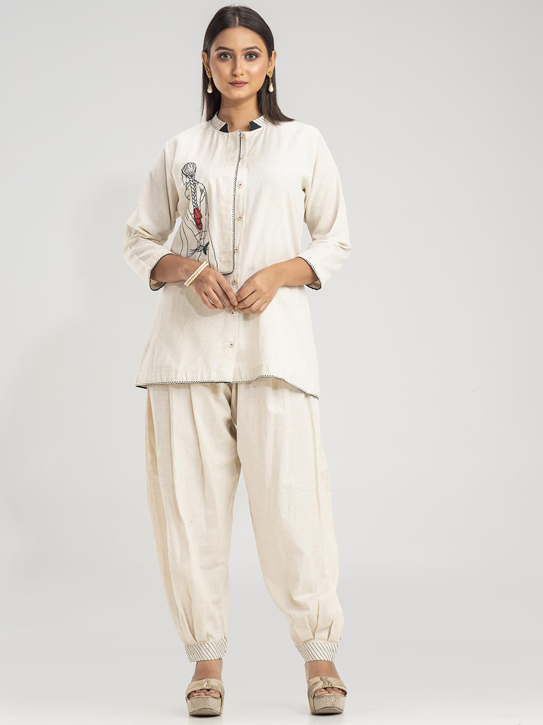 

SACRED SUTA Embroidered Mandarin Collar Top With Trousers, White