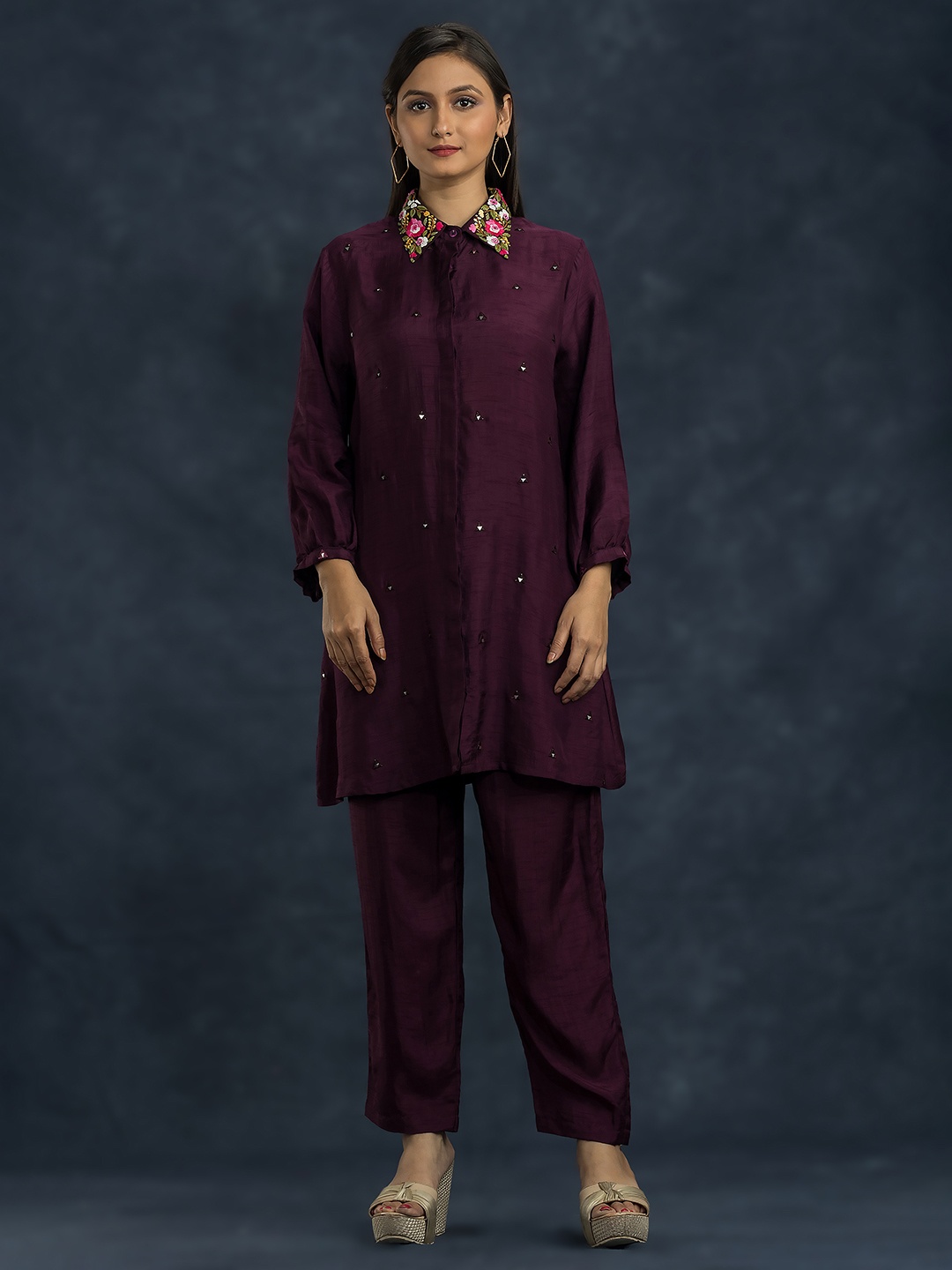 

SACRED SUTA Embroidered Top With Trousers Co-Ords, Purple