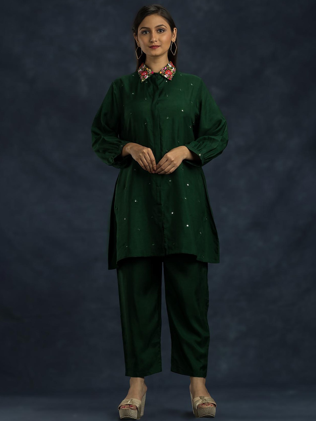 

SACRED SUTA Embroidered Shirt Collar Neck Top & Flared Trouser, Green