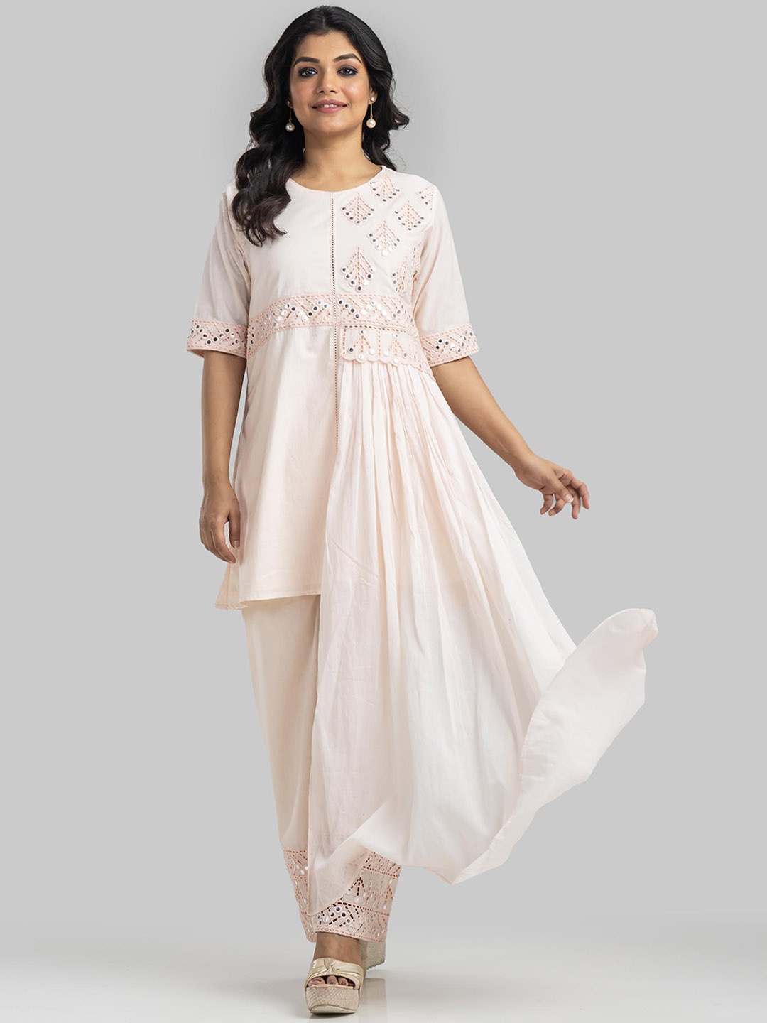 

SACRED SUTA Embroidered Mirror Work Top With Trousers, Peach