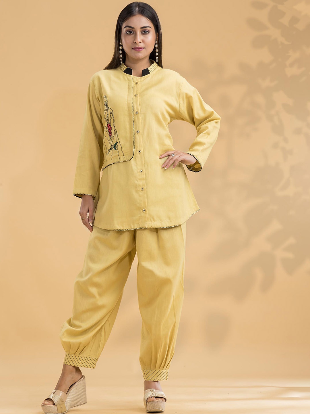 

SACRED SUTA Embroidered Chinese Collar Shirt With Trouser, Yellow