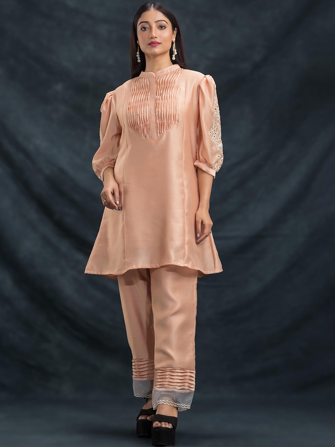 

SACRED SUTA Embroidered Top With Trouser Co-Ords, Peach