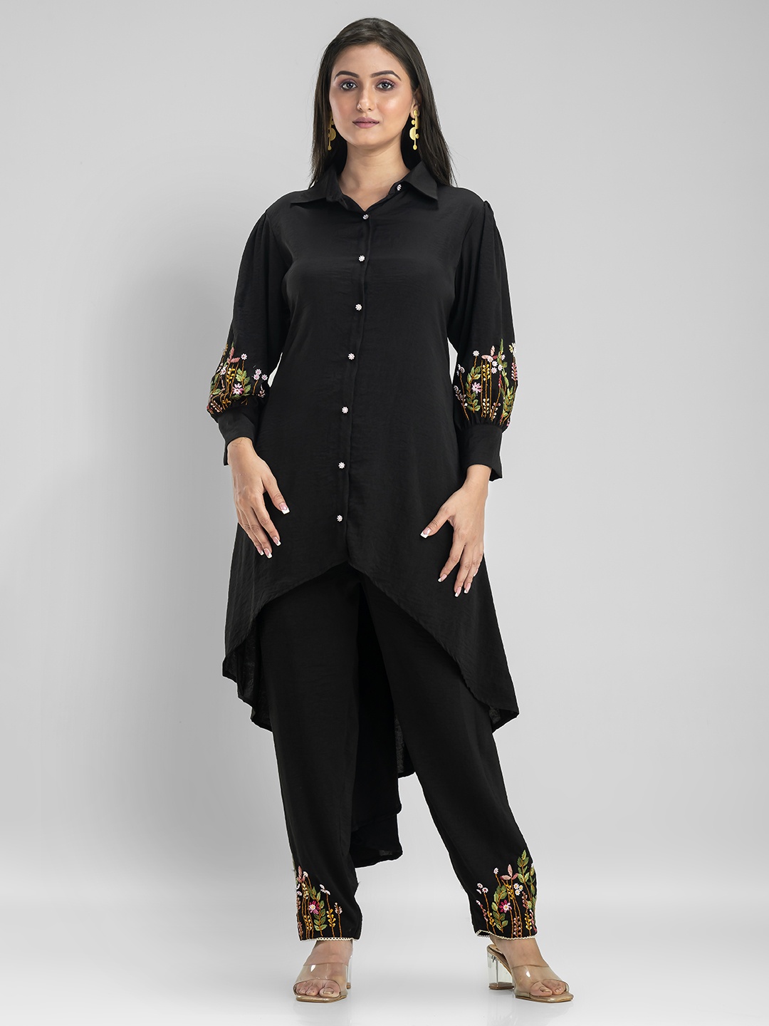 

SACRED SUTA Embroidered Shirt Collar Neck Top & Flared Trouser Co-Ords, Black