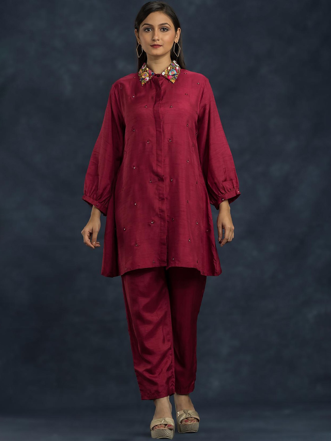 

SACRED SUTA Embroidered Top & Trousers, Red
