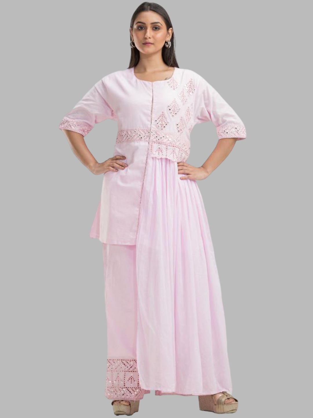 

SACRED SUTA Mirror Work Detailed Top & Trousers, Pink