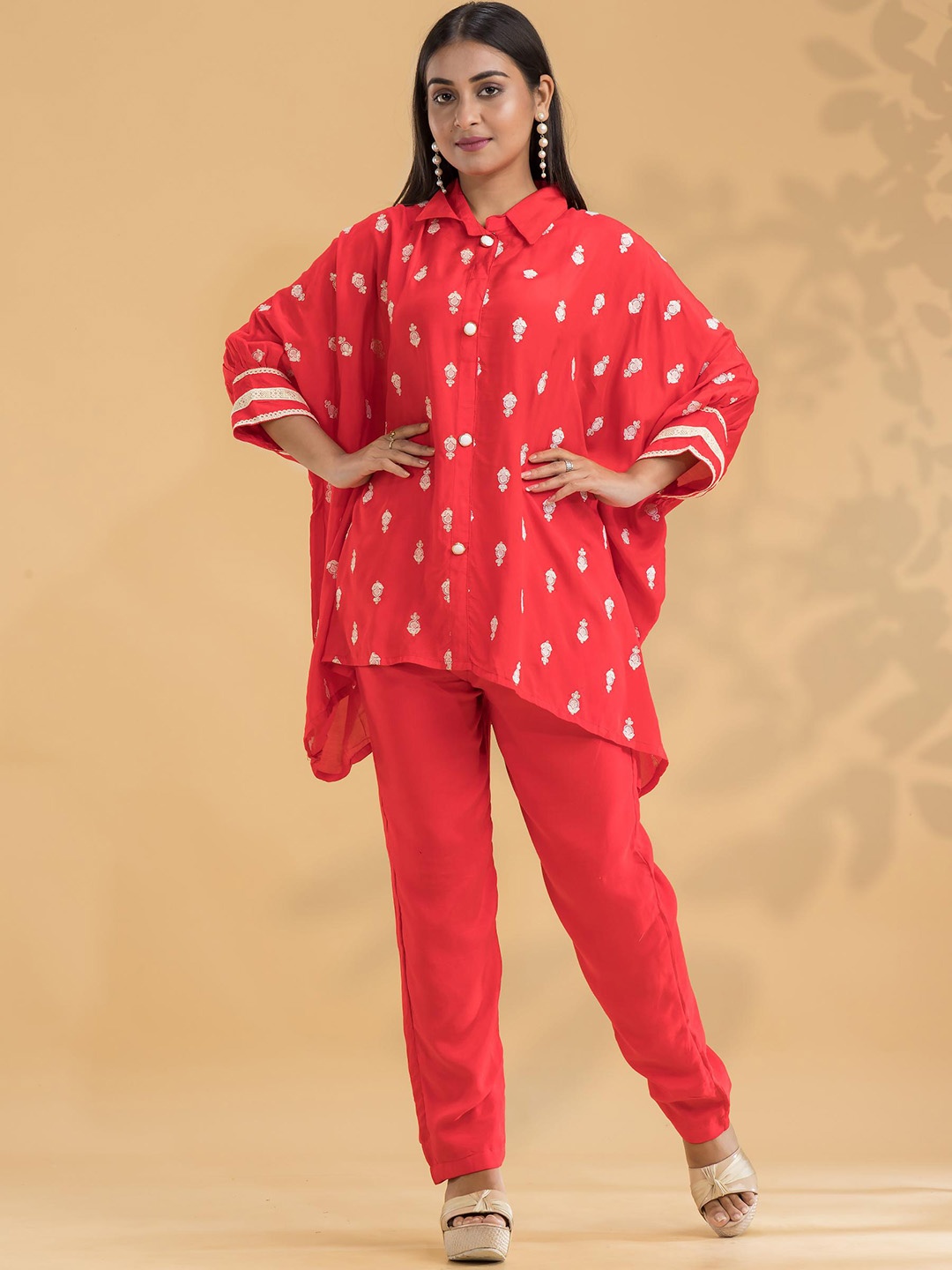 

SACRED SUTA Ethnic Motifs Printed Top With Trousers, Red