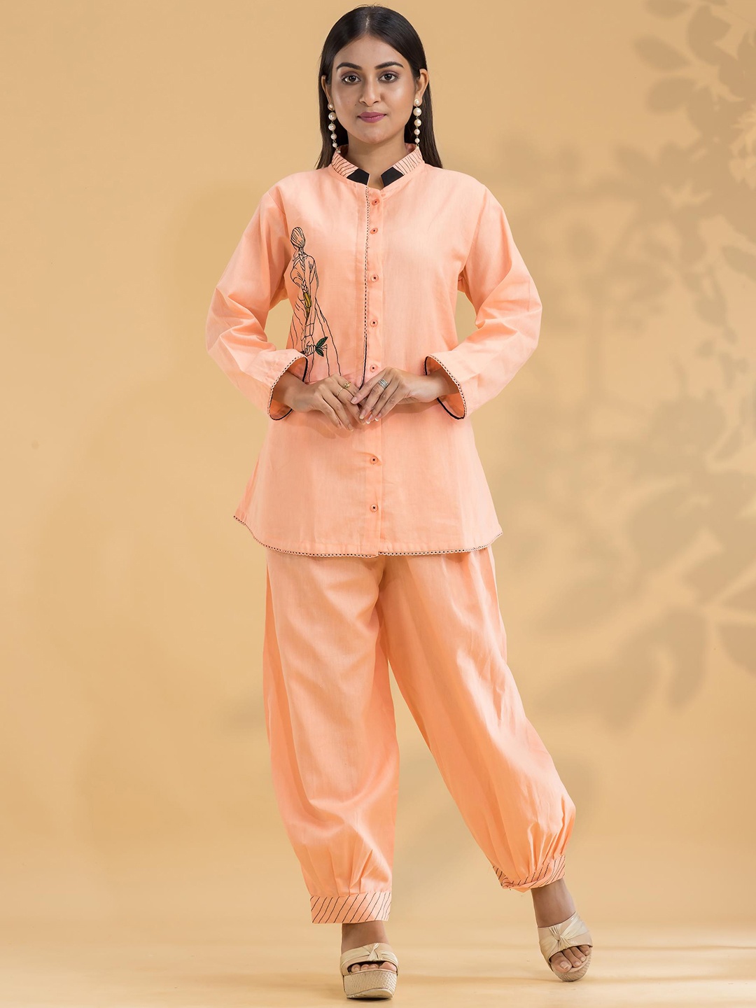 SACRED SUTA Embroidered Detailed Top With Salwar, Peach