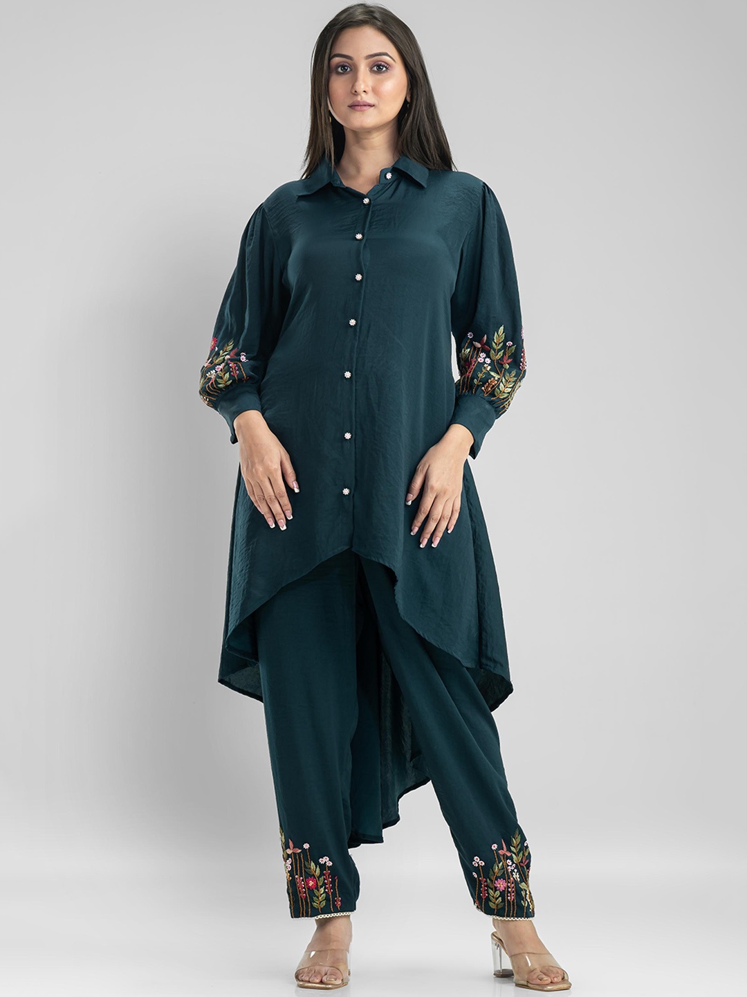 

SACRED SUTA Floral Embroidered Shirt Collar Tunic With Trouser, Blue
