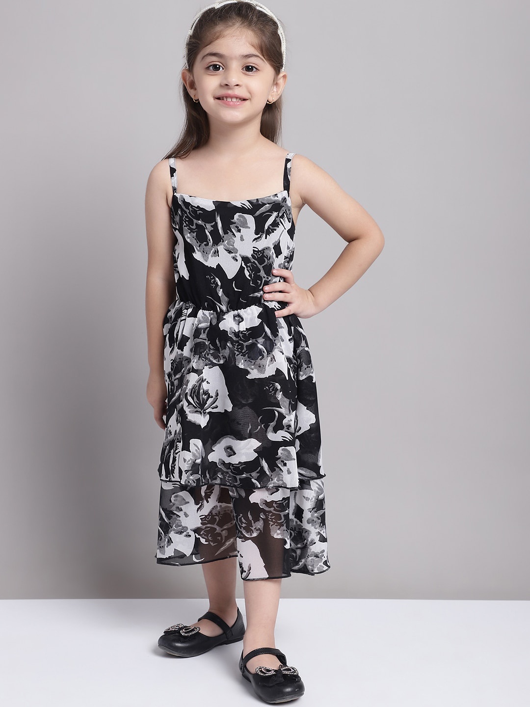 

MINI & MING Girl's Layered Georgette Fit & Flare Floral Midi Dress, Black