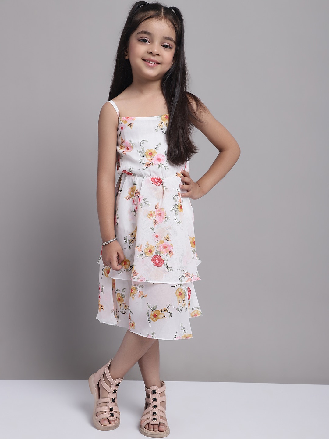 

MINI & MING Girl's Layered Georgette Fit & Flare Floral Midi Dress, White