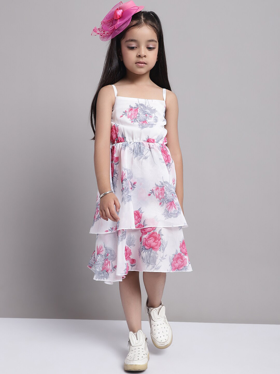 

MINI & MING Girls Layered Georgette Fit & Flare Floral Midi Dress, White