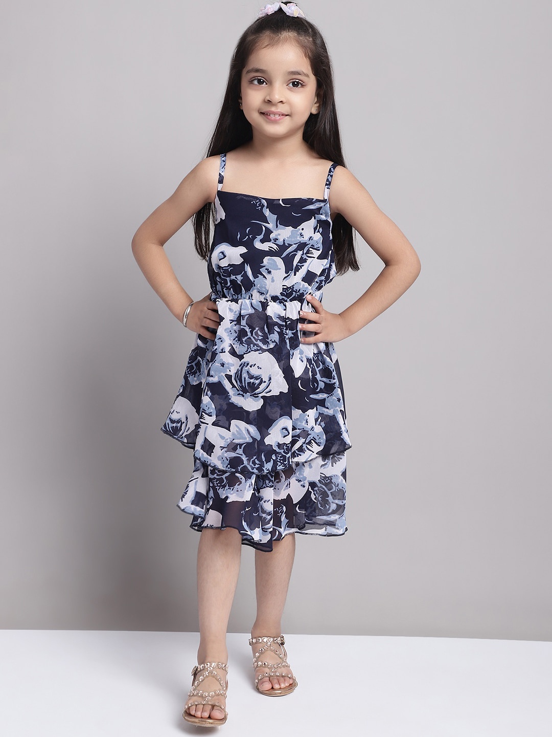 

MINI & MING Girl's Layered Georgette Fit & Flare Floral Midi Dress, Navy blue