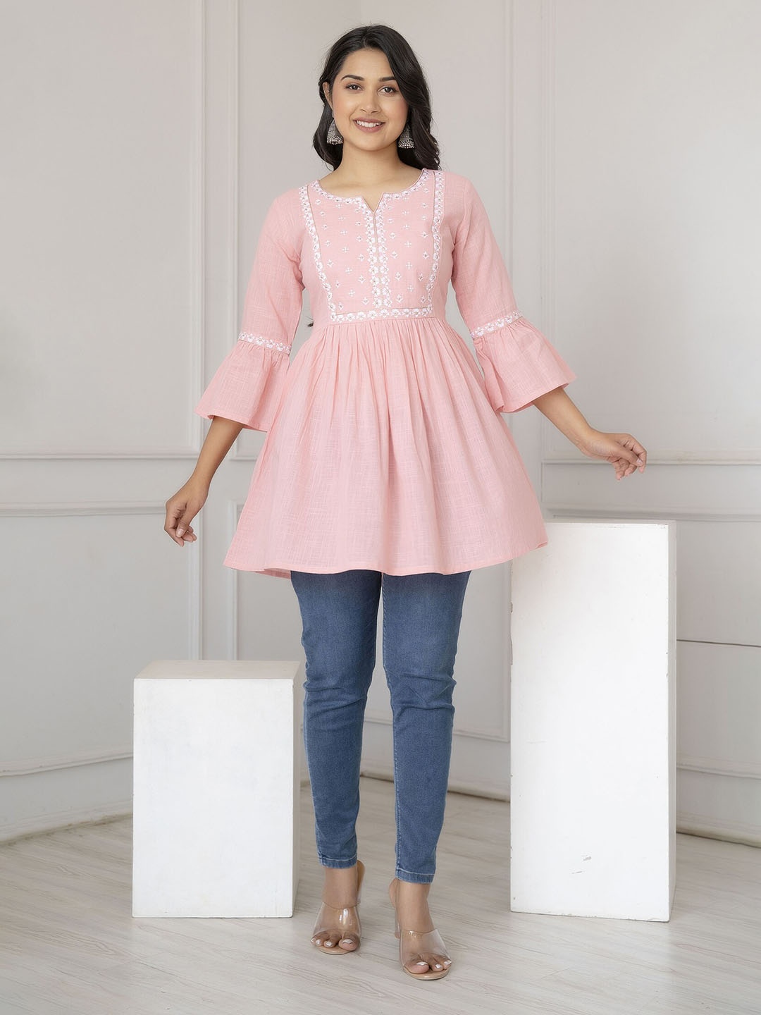 

Nayo Floral Embroidered Bell Sleeves Cotton A-Line Kurti, Pink