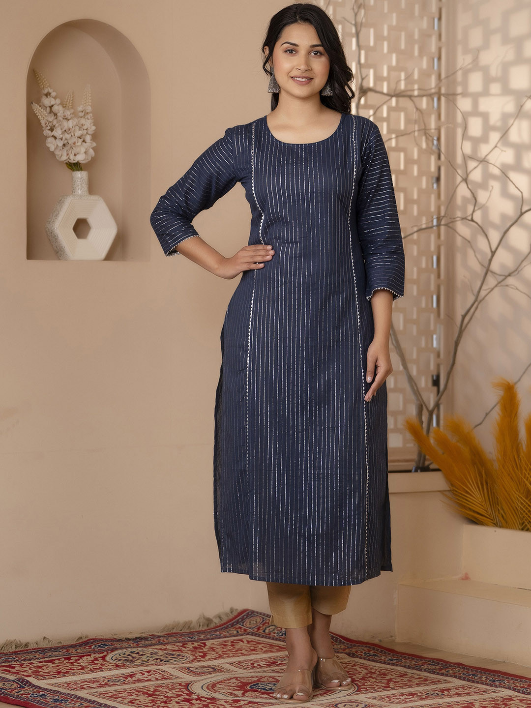 

Nayo Striped Thread Work Straight Cotton Kurta, Navy blue