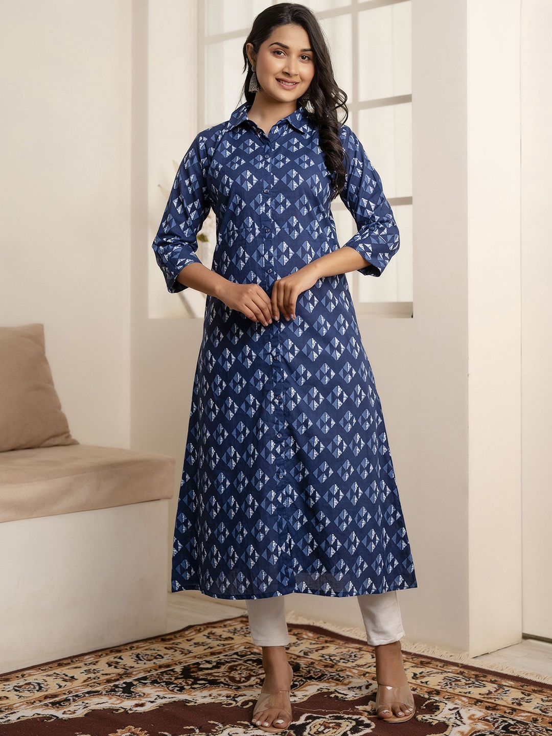 

Nayo Ethnic Motifs Printed Shirt Collar Cotton A-Line Kurta, Blue