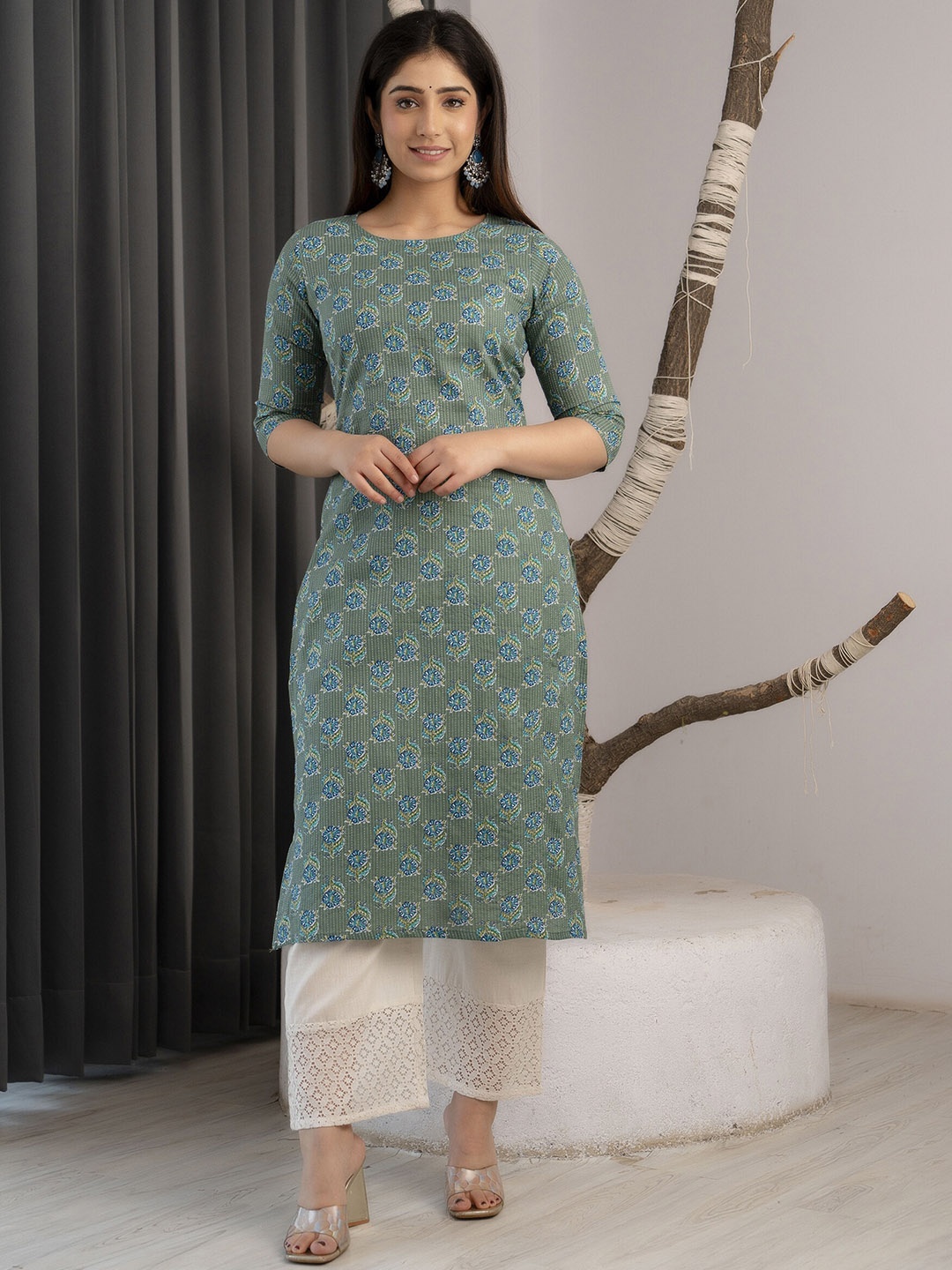 

Nayo Ethnic Motifs Printed Pure Cotton Kurta, Green
