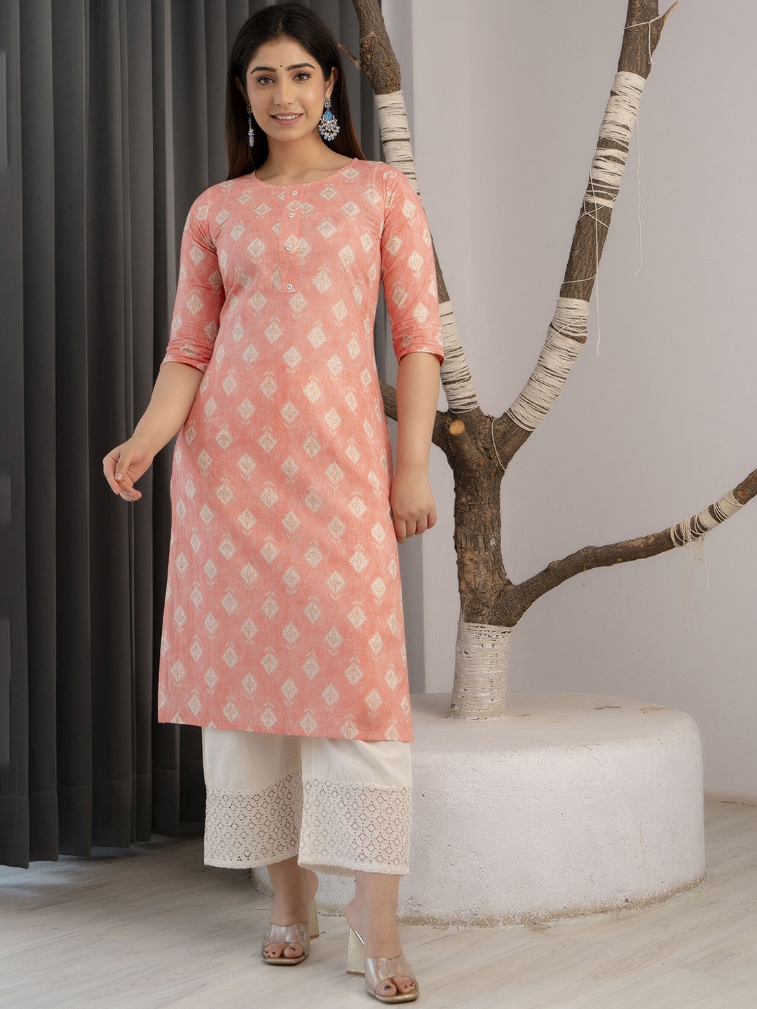 

Nayo Ethnic Motifs Printed Pure Cotton Kurta, Peach