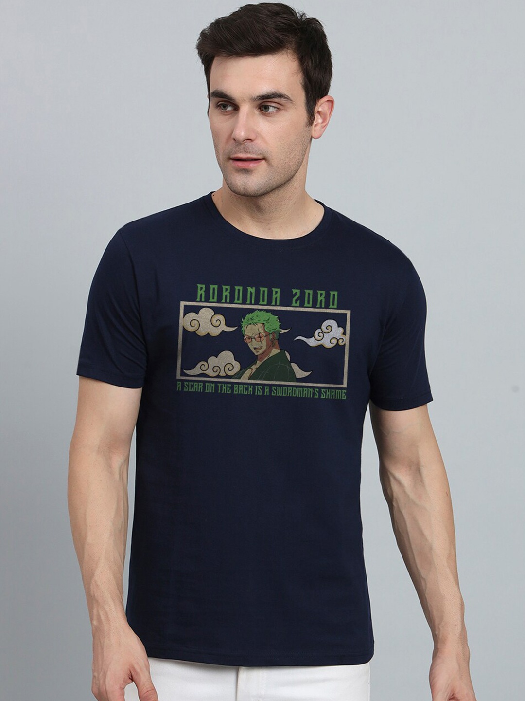 

PEPPYZONE Round Neck Short Sleeves Typography Printed Cotton T-shirt, Navy blue