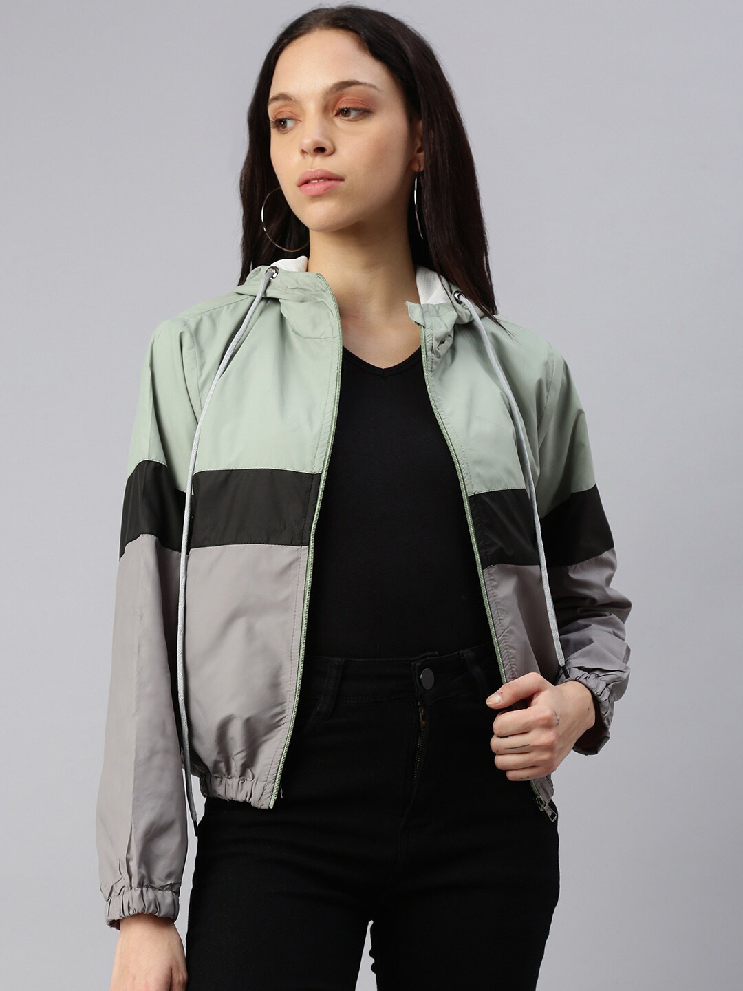 

VOXATI Colourblocked Crop Bomber Jacket, Olive