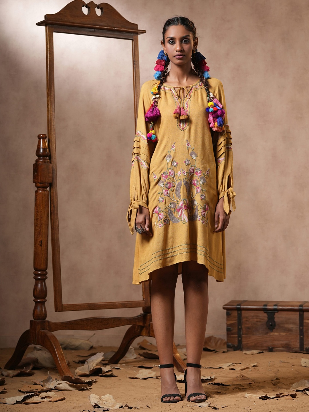 

Nyaro Floral Embroidered Tie-Up Neck Puff Sleeve Crepe A-Line Dress, Mustard