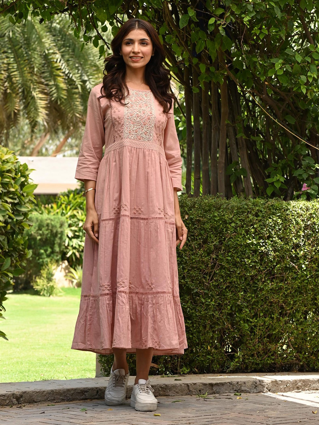 

Nyaro Embroidered Cotton Fit & Flare Midi Dress, Peach