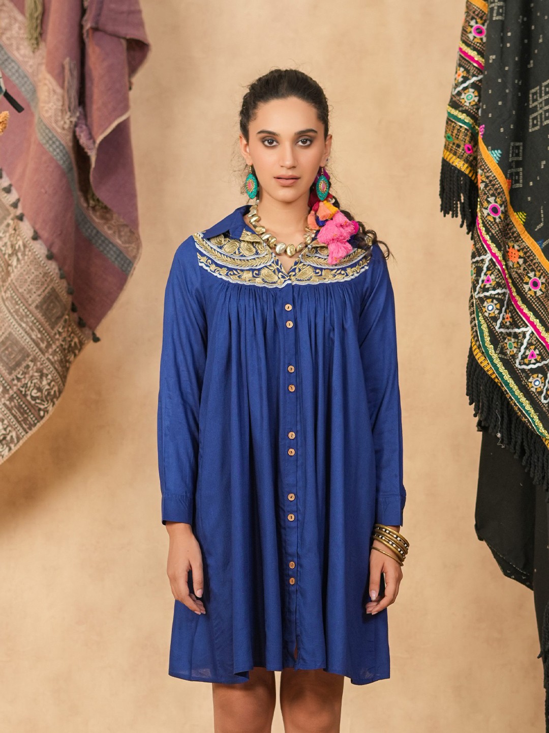 

Nyaro Embroidered Shirt Dress, Blue