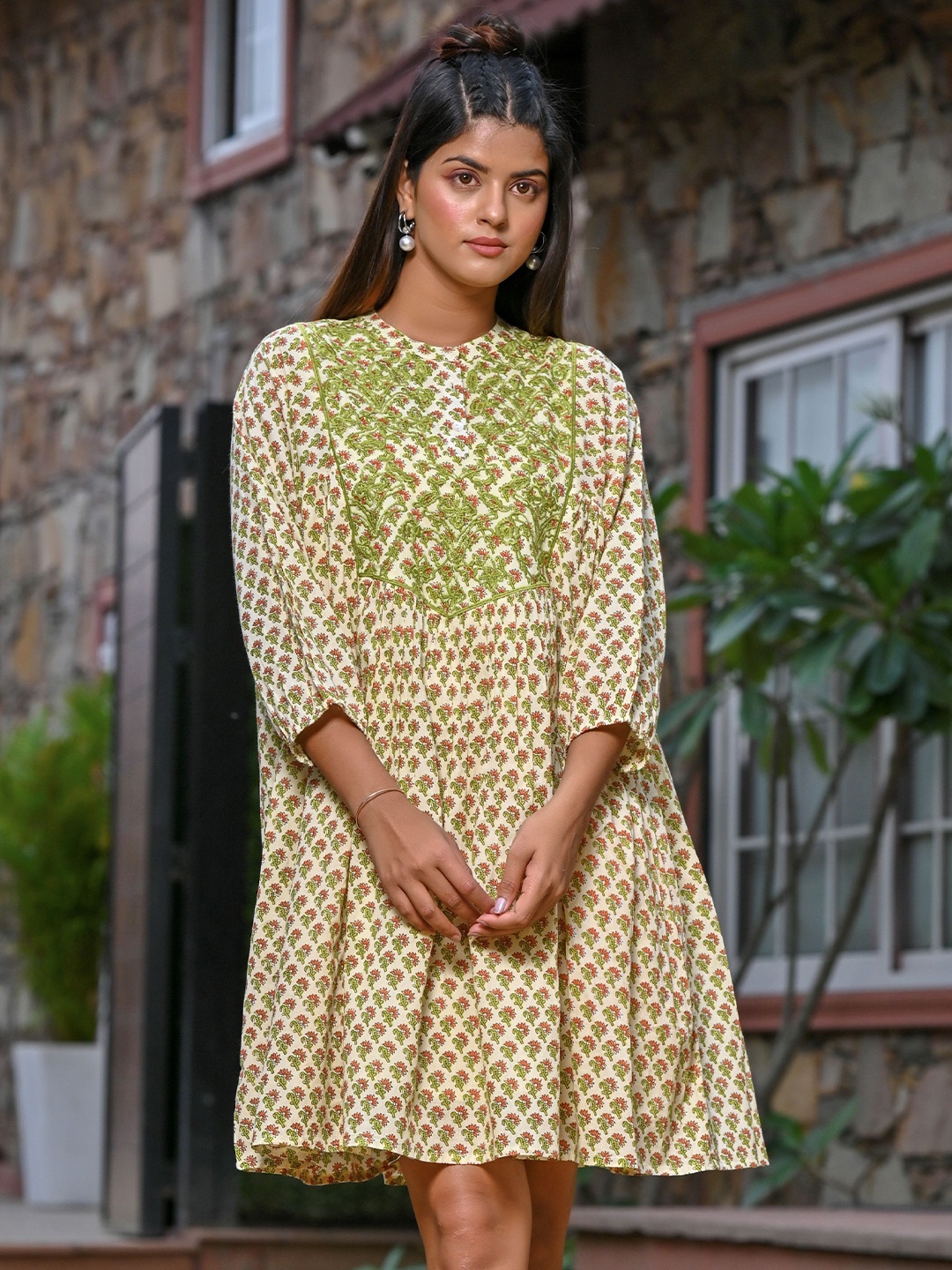 

Nyaro Print Cotton Puff Sleeve A-Line Dress, Mustard