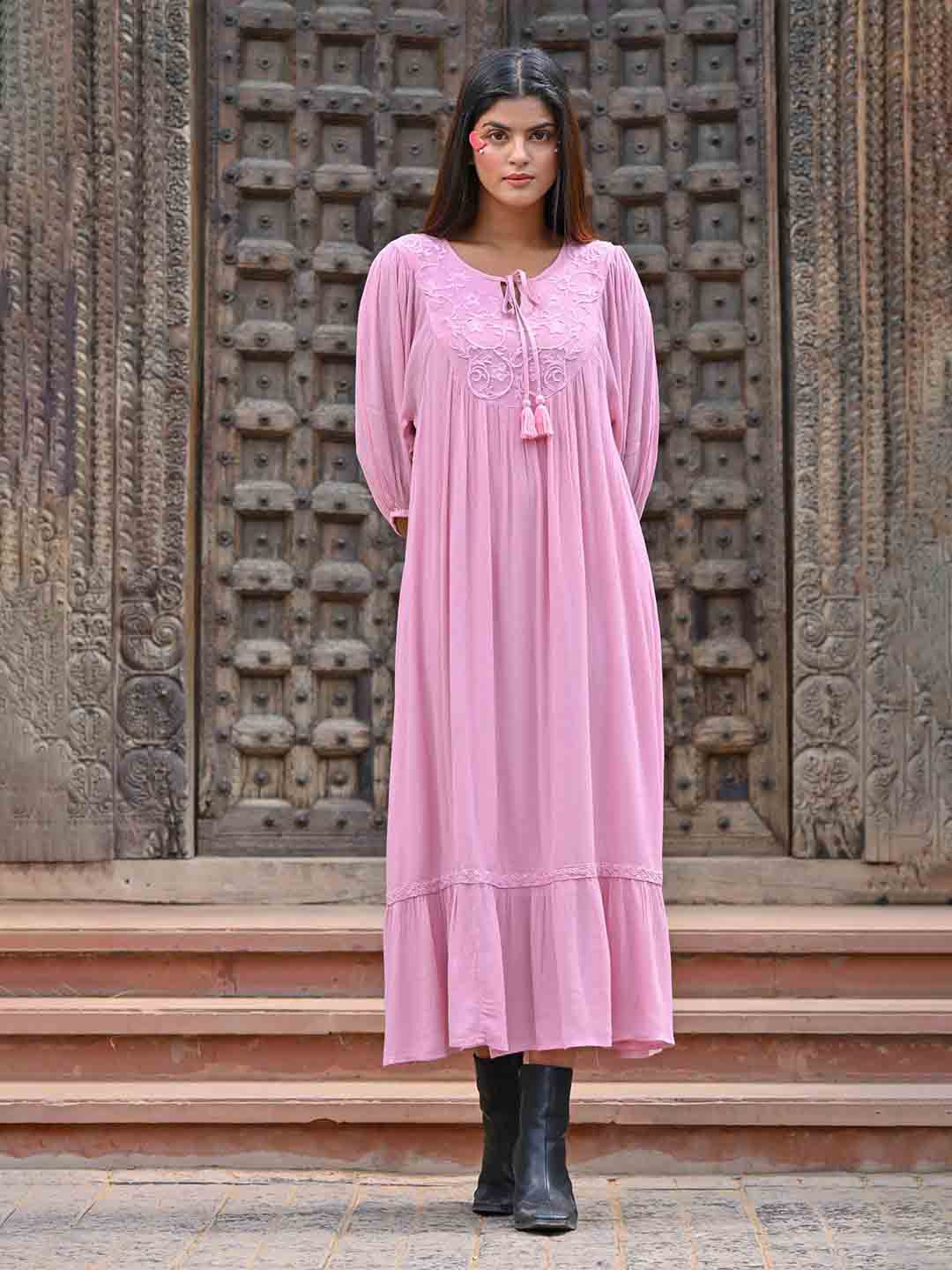 

Nyaro Tie-Up Neck A-Line Liva Maxi Dress, Pink