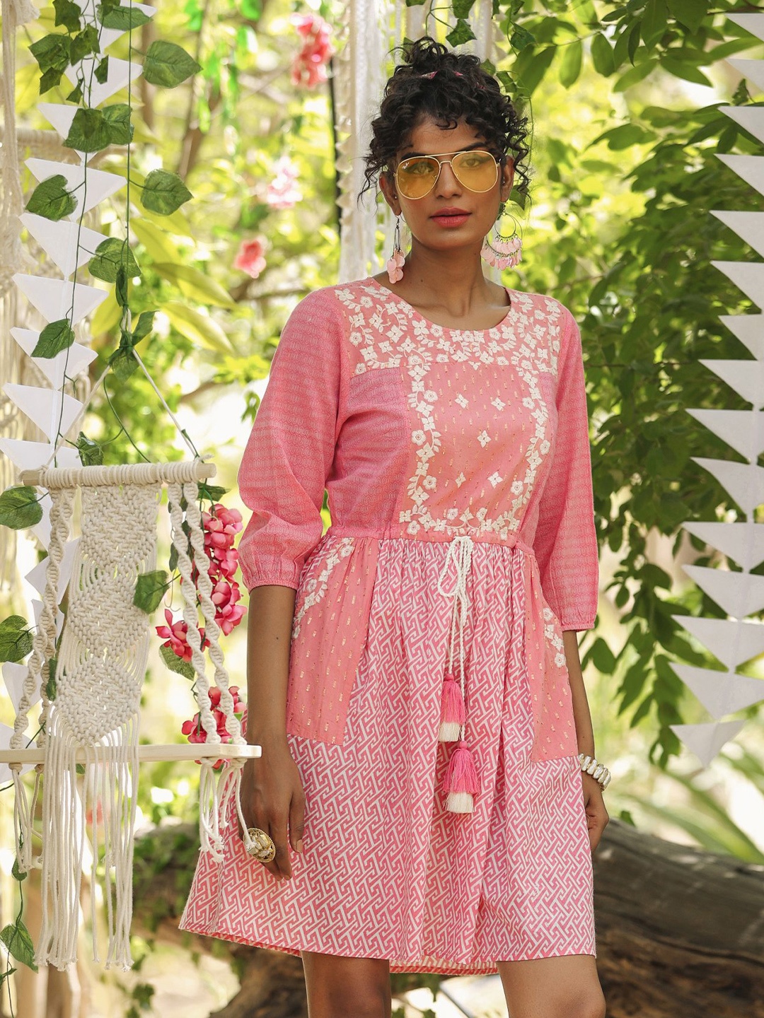 

Nyaro Floral Embroidered Cotton Fit & Flare Dress, Pink