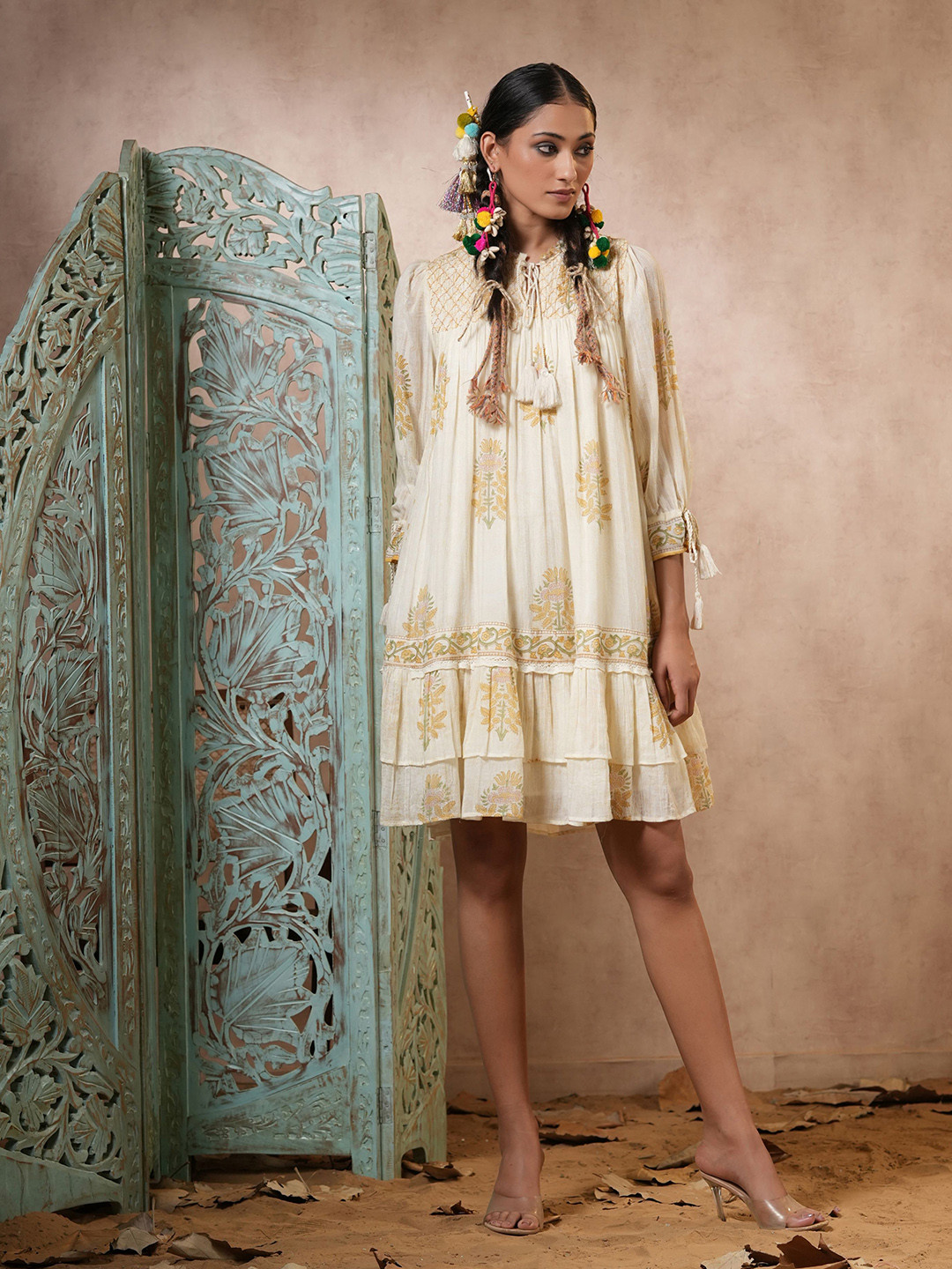 

Nyaro Ethnic Motifs Printed Ruffled Cotton A-Line Dress, Mustard