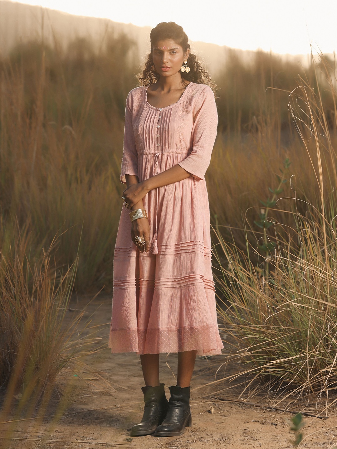 

Nyaro Floral Embroidered A-Line Midi Dress, Peach